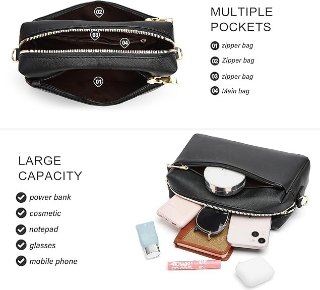 Small Crossbody Bags for Women trendy Camera Shoulder Purses Triple Zip Vegan Leather Handbags with adjustable 2 Wide Guitar Straps