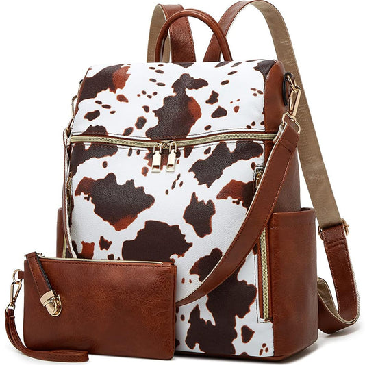 Makes Cow print Backpack Purse for Women PU Leather Travel backpack Design Convertible handbag with Purse 5 Piece